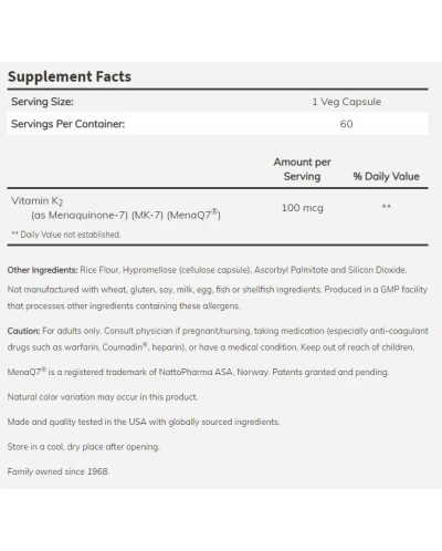 MK-7 Vitamin K-2, 100 mcg, 60 капсули, Now - 2