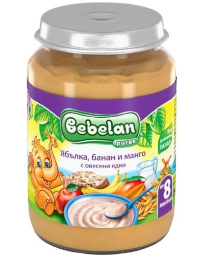 Млечна каша Bebelan Puree - Ябълки, банан и манго с овесени ядки, 190 g - 1