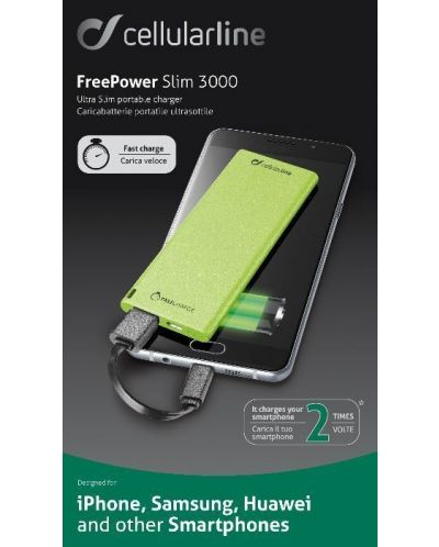 Портативна батерия Cellularline - FreePower Slim, 3000 mAh, зелена - 2