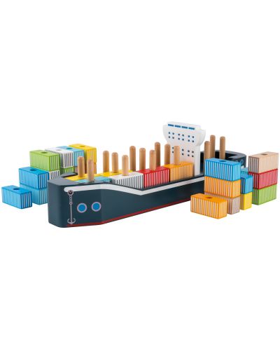 Дървена дидактическа играчка Jouéco - Морски контейнеровоз, за нанизване - 1
