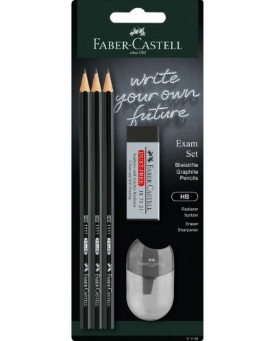 Комплект моливи Faber-Castell 1111 - HB, 3 броя, с гума и острилка - 1