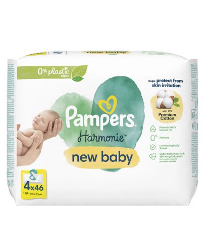 Мокри кърпички Pampers Harmonie - New Baby, 4 опаковки x 46, 184 броя - 1