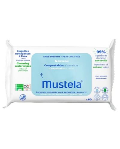 Мокри кърпички Mustela - С 99% вода и натурални съставки, 60 броя - 1