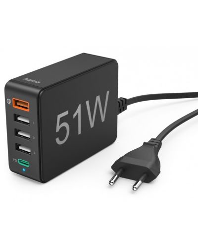 Зарядно устройство Hama - 201630, USB-A/C, 51W, черно - 1