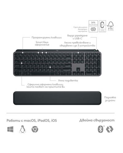 Мултимедийна клавиатура Logitech - MX Keys S Plus, безжична, Graphite - 4