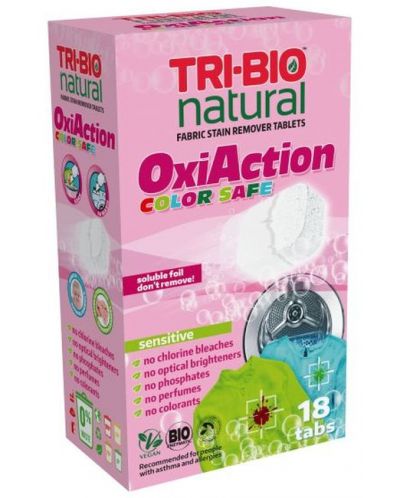 Натурални таблетки за премахване на петна Tri-Bio - Oxi-Action, За цветно пране, 18 таблетки - 1