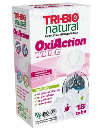 Натурални таблетки за премахване на петна Tri-Bio - Oxi-Action, За бяло пране, 18 таблетки - 1