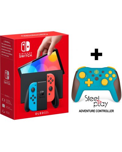 Nintendo Switch OLED - Red & Blue + Steelplay Adventure Wireless Controller Bundle - 1