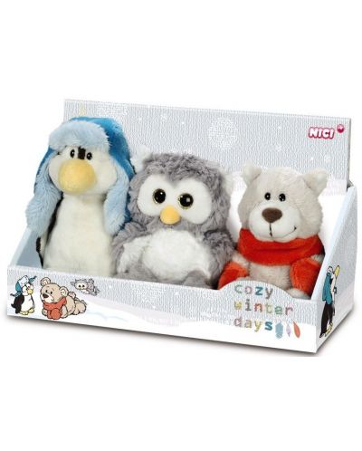 Комплект от три плюшени играчки Nici Winter - Пингвинчето, Сър Мечо и Северната сова, 15 cm