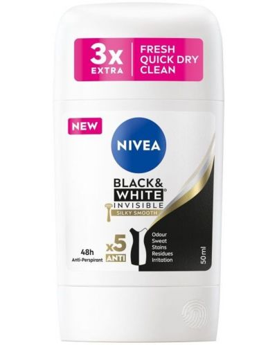 Nivea Стик против изпотяване Black & White, Silky Smooth, 50 ml - 1