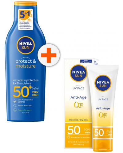 Nivea Sun Комплект - Слънцезащитен лосион и Крем за лице, SPF50, 200 + 50 ml - 1