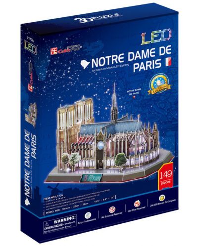 3D Пъзел Cubic Fun от 149 части и LED светлини - Notre Dame de Paris - 2