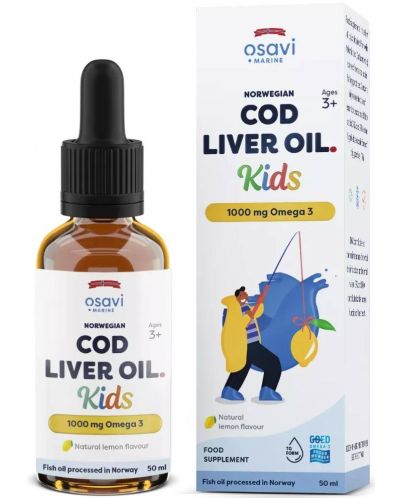 Norwegian Cod Liver Oil Kids Капки, 1000 mg, лимон, 50 ml, Osavi - 1