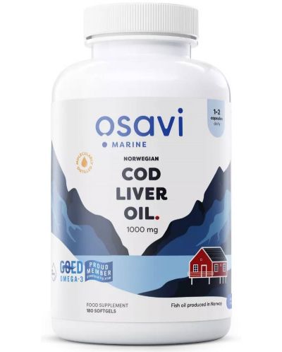 Norwegian Cod Liver Oil, 1000 mg, lemon, 180 гел капсули, Osavi - 1