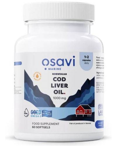 Norwegian Cod Liver Oil, 1000 mg, lemon, 60 гел капсули, Osavi - 1