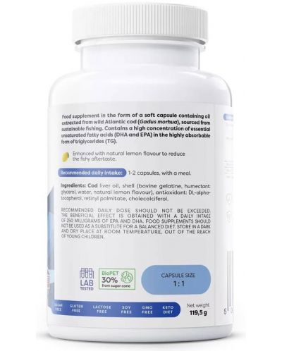 Norwegian Cod Liver Oil, 1000 mg, lemon, 90 гел капсули, Osavi - 3