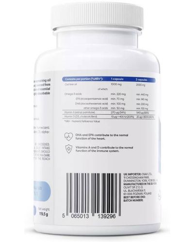 Norwegian Cod Liver Oil, 1000 mg, lemon, 90 гел капсули, Osavi - 2