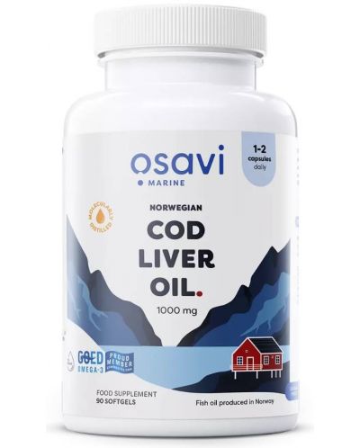 Norwegian Cod Liver Oil, 1000 mg, lemon, 90 гел капсули, Osavi - 1
