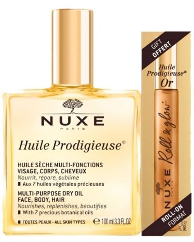 Nuxe Huile Prodigieuse Сухо масло за лице, коса и тяло, 100 ml + Рол-он със златисти частици, 8 ml - 1