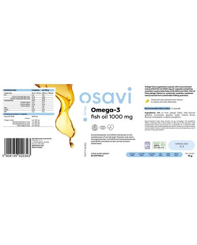 Omega-3 Fish Oil, 1000 mg, lemon, 60 гел капсули, Osavi - 2