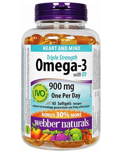 Omega-3 Triple Stength, 900 mg, 65 софтгел капсули, Webber Naturals - 1