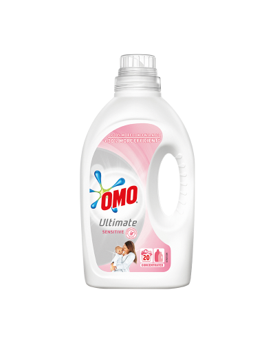 Omo Течен перилен препарат Ultimate Liquid Sensitive, 20 изпирания, 1 л + 30% по-концентриран и ефикасен срещу петна