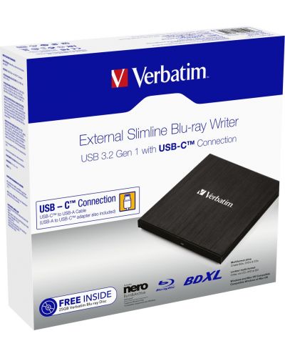 Оптично устройство Verbatim - External Slimline Blu-ray Writer, USB-C - 3