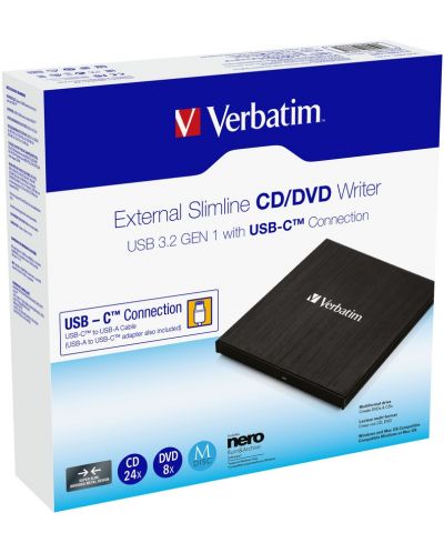 Оптично устройство Verbatim - External Slimline CD/DVD Writer, USB-C - 3