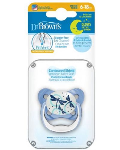 Ортодонтска залъгалка Dr. Brown's - PreVent, 6-18 m, светеща, синя - 3