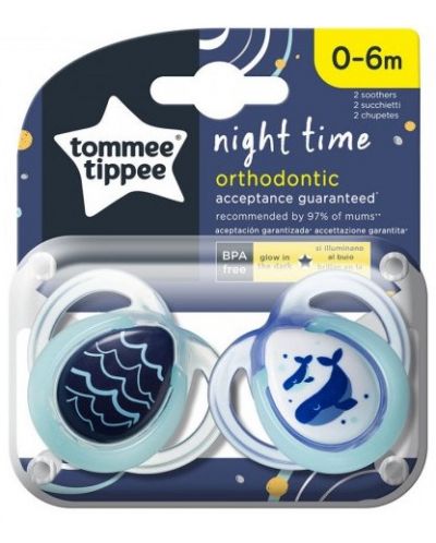 Tommee Tippee Ортодонтични залъгалки NIGHT TIME 0-6м, 2 бр./оп., Китове - 1