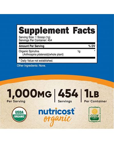 Organic Spirulina, неовкусен, 454 g, Nutricost - 2