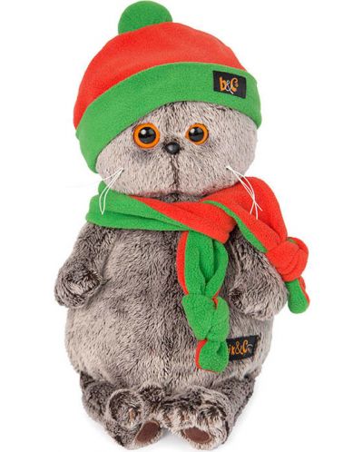 Плюшена играчка Budi Basa - Коте Басик, с оранжево-зелена шапка и шал, 22 cm - 1