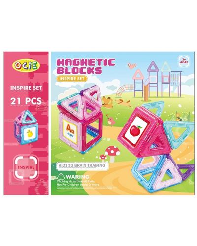 Конструктор с магнитни елементи Ocie Magnetic Blocks - Inspire, 21 части, розов - 1