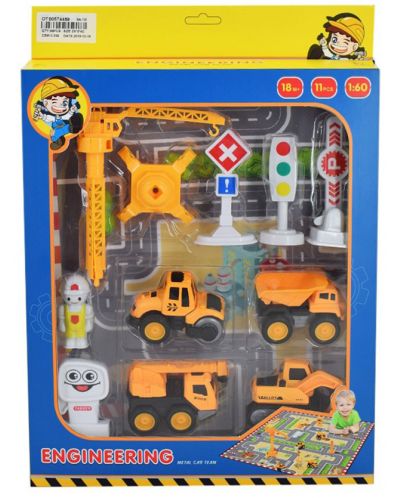 Игрален комплект Ocie Minyore Metal - Строителна площадка с камиони и пътни знаци