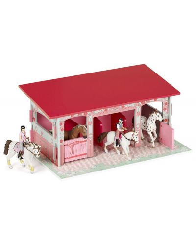 Игрален комплект от дърво Papo Horses, foals and ponies – Конюшня, розова