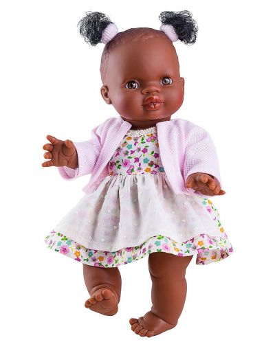 Кукла-бебе Paola Reina Los Gordis - Олга, с бяла рокля на цветенца и розова жилетка, 34 cm - 1