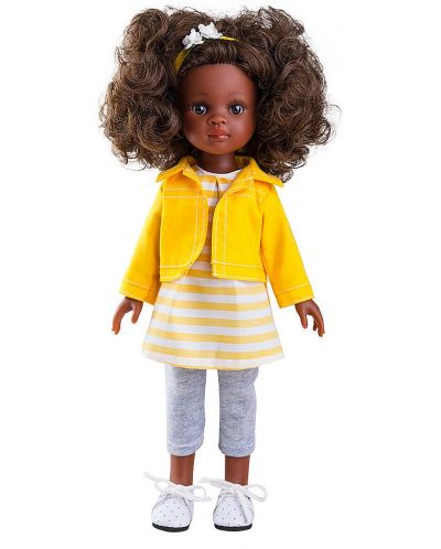 Комплект дрехи за кукла Paola Reina - Туника на бели и жълти райета и жълто яке, 32 cm - 1