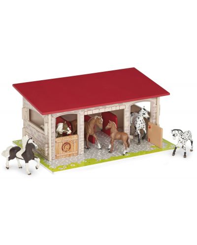 Игрален комплект от дърво Papo Horses, foals and ponies – Конюшня, кафява