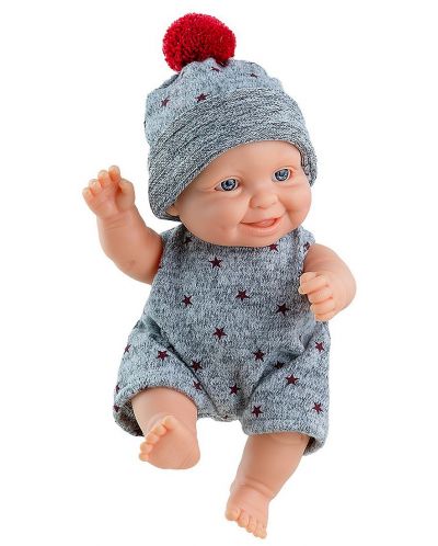 Кукла-бебе Paola Reina Los Peques - Тео, със сиво гащеризонче на червени звездички, 21 cm - 1