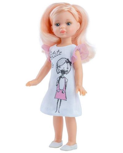 Кукла Paola Reina Mini Amigas - Елена, с бяла рокля с рисунка на момиче, 21 cm - 1