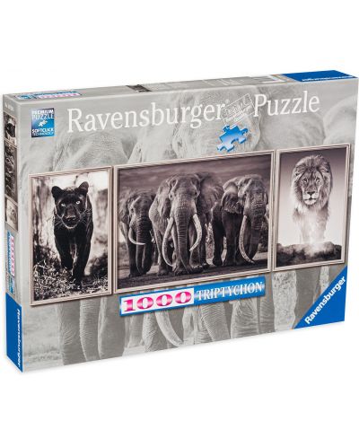 Панорамен пъзел Ravensburger от 1000 части - Пантера, лъв и слон - 1