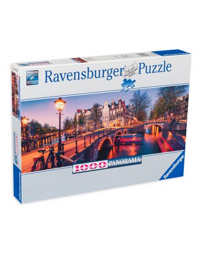 Панорамен пъзел Ravensburger от 1000 части - Вечер в Амстердам - 1