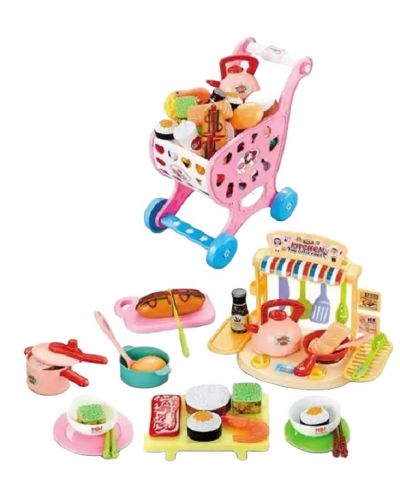 Пазарска количка с кухня Raya Toys - 64 части розова - 2