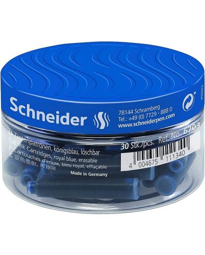 Комплект патрончета за писалка Schneider - Сини, в бурканче, 30 броя - 1
