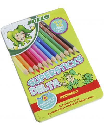 Персонализирани цветни моливи Jolly Superstick Delta - метална кутия, 12 цвята, Пепи - 1