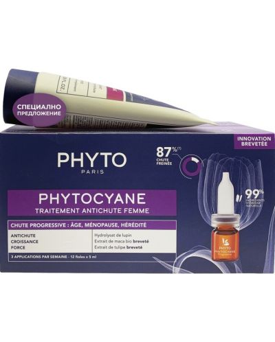 Phyto Phytocyane Комплект - Терапия за прогресивен косопад и Шампоан, 12 x 5 + 100 ml (Лимитирано) - 1