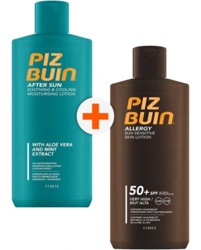 Piz Buin Комплект - Лосион за след слънце и Слънцезащитен лосион, SPF 50+, 2 х 200 ml - 1