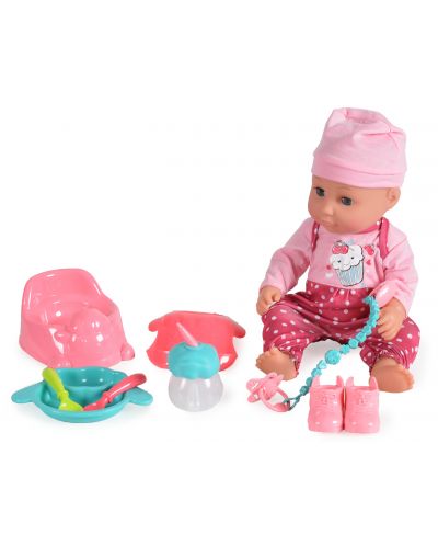 Пишкаща кукла Moni Toys - С розовo боди на точки и аксесоари, 36 cm - 1