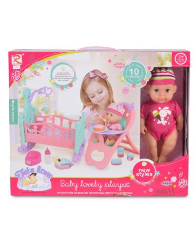 Пишкаща кукла Moni Toys - С легло и стол за хранене, 31 cm - 1