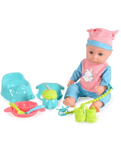 Пишкаща кукла-бебе Moni Toys - Със синя шапка и аксесоари, 36 cm - 1